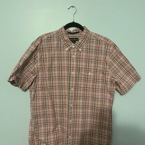 Eddie Bauer Short Sleeve Button Down Shirt Men’s Large Red and Gray Stripes